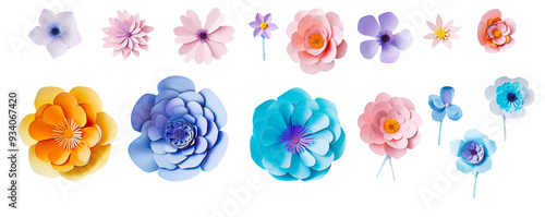 Set of colorful paper art-style flowers isolated on transparent background. Generative AI