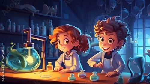 Children conducting fun science experiments in a laboratory 2d cartoon kids background