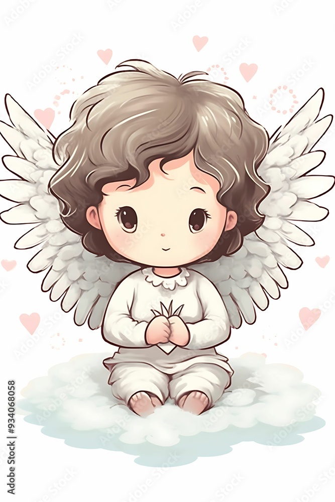 Cute angelic character with fluffy wings sitting on clouds surrounded by hearts in a whimsical setting Cute angelic character with fluffy wings sitting on clouds surrounded by hearts in a whimsical setting