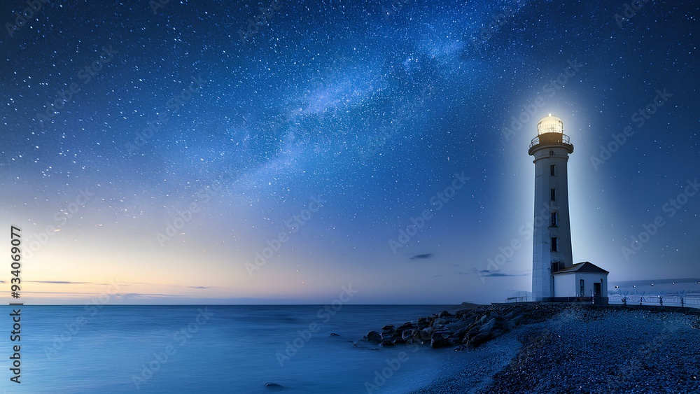 On the seashore, a lighthouse tower lights the way for ships. A tall lighthouse glows in the sea. On the seashore, a lighthouse tower lights the way for ships. A tall lighthouse glows in the sea.