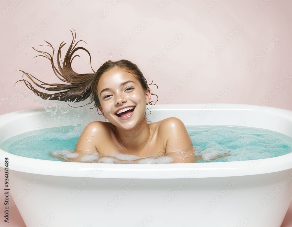 Naklejka premium Joyful Young Woman Relaxing in Bathtub on white Background