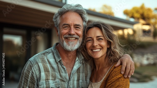 A couple shares a heartfelt moment outdoors, expressing pure joy and connection as they embrace, surrounded by the tranquility of their home garden