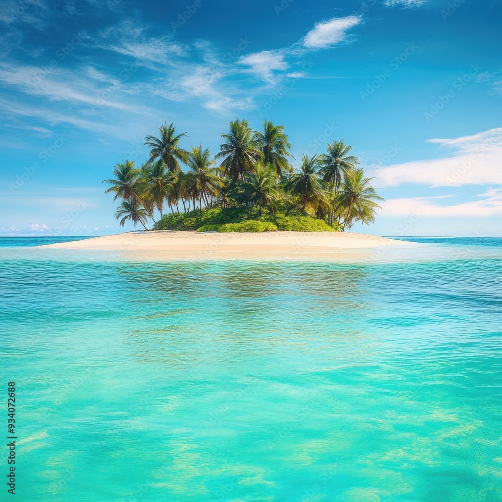 A small tropical island with palm trees surrounded by crystal-clear turquoise waters under a bright blue sky. A small tropical island with palm trees surrounded by crystal-clear turquoise waters under a bright blue sky.