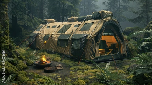 An expedition-style tent with multiple compartments, set up in a dense, moss-covered forest area, with a small campfire pit in front. photo