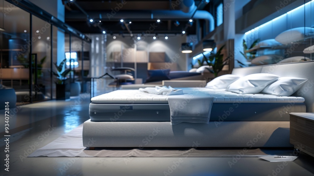 A stylish mattress displayed in a sleek showroom, adorned with ambient lighting and modern furnishings, inviting relaxation and comfort A stylish mattress displayed in a sleek showroom, adorned with ambient lighting and modern furnishings, inviting relaxation and comfort