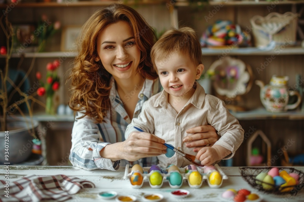 Happy young beautiful mother painting Easter eggs with her cute little son decorating for the Easter holiday. Happy young beautiful mother painting Easter eggs with her cute little son decorating for the Easter holiday.