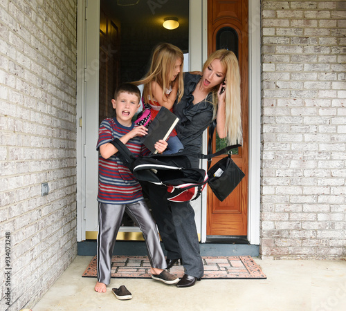 Working Mother and Kids Late for School