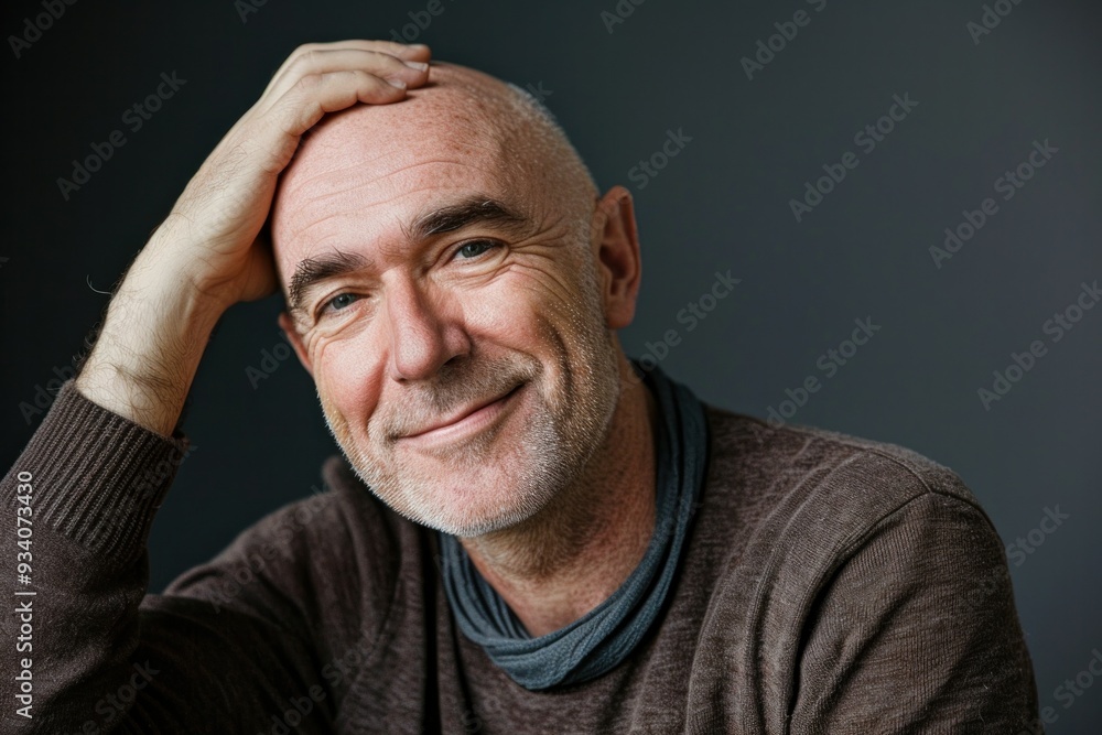Obraz premium An adult bald man smiles at the camera and confidently places his hand on his head.