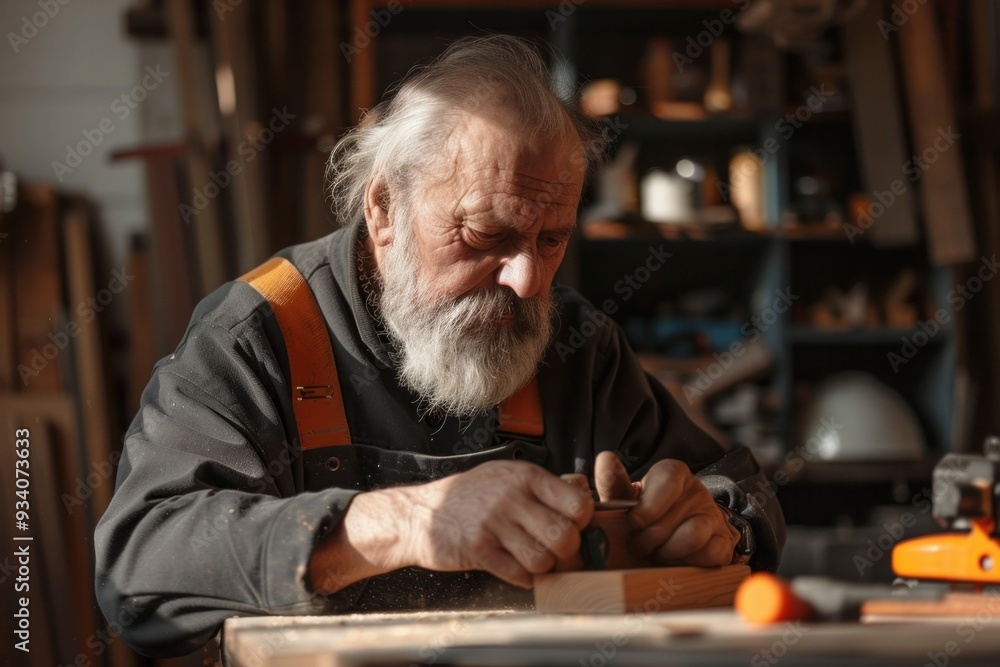 Senior carpenter polishing wooden parts with expertise in modern workshop Senior carpenter polishing wooden parts with expertise in modern workshop