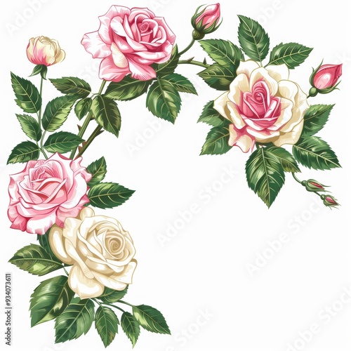 Pink and white rose with greenery frame border on white background. Beautiful template for wedding invitation or greeting card, banner. All elements are isolated and editable. Vector