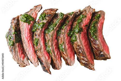 Close-up of grilled sliced beef with chimichurri sauce on a white transparent background