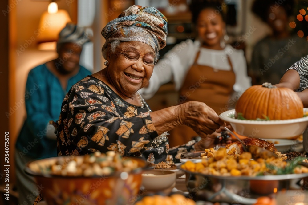 Smiling African American grandmother serving food while celebrating Thanksgiving with big family happily on family holiday. Smiling African American grandmother serving food while celebrating Thanksgiving with big family happily on family holiday.