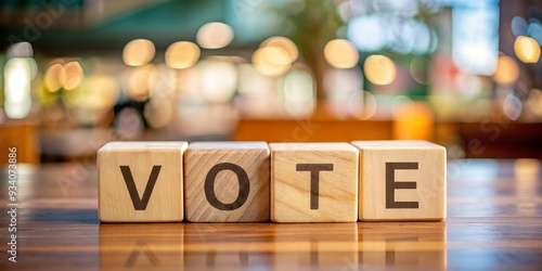 Wooden Blocks Spelling Vote on Tabletop with Bokeh Background, vote , election , democracy , political