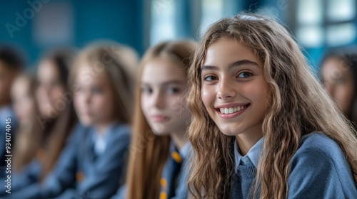 Students enjoy an enthusiastic lesson, beaming with smiles and camaraderie, fostering a vibrant atmosphere of learning and friendship in a well-lit classroom