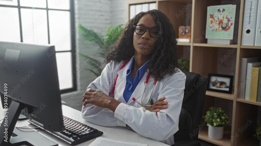 Young african american woman with curly hair in a clinic wearing a lab coat and stethoscope, seated at a desk with a computer, in an indoor workplace setting. Young african american woman with curly hair in a clinic wearing a lab coat and stethoscope, seated at a desk with a computer, in an indoor workplace setting.