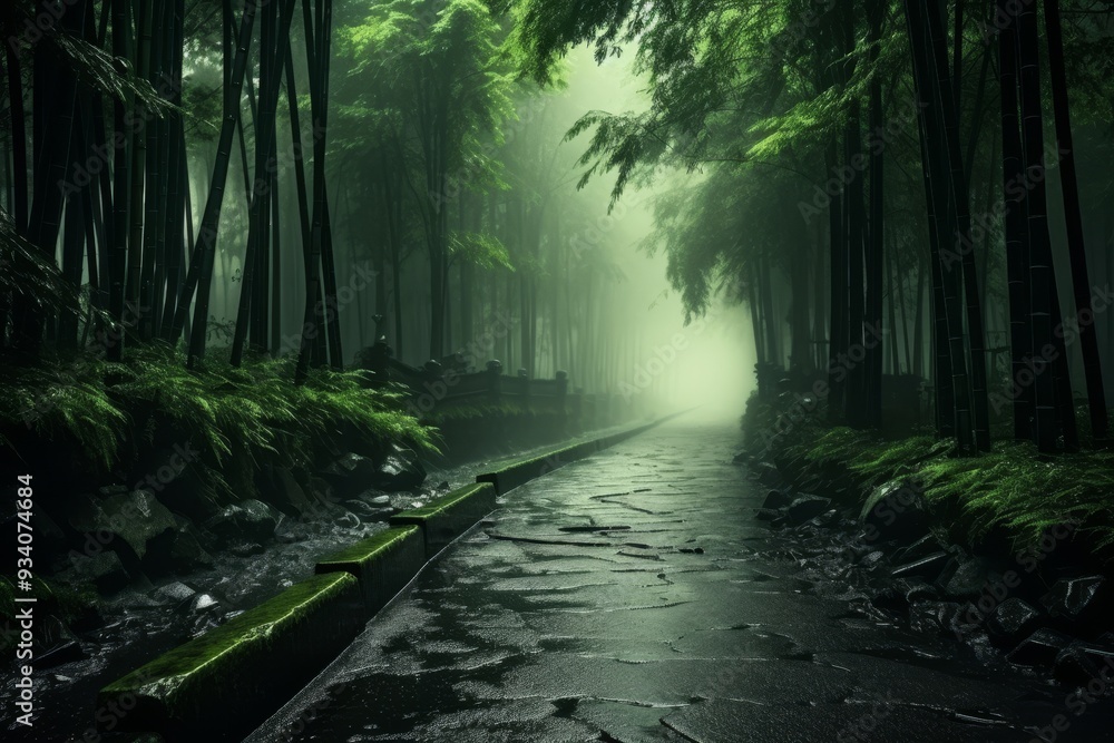 Obraz premium Foggy Path Through a Lush Bamboo Forest