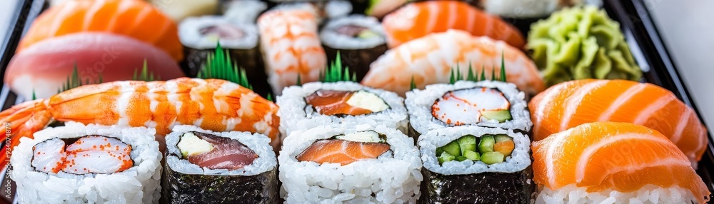 A closeup of a fresh, balanced sushi platter, featuring a variety of fish, vegetables, and rice, beautifully arranged
