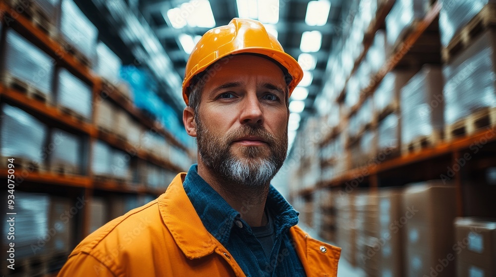 A focused warehouse employee wearing a hard hat poses among rows of stacked boxes, emphasizing the importance of safety and organization in the workplace A focused warehouse employee wearing a hard hat poses among rows of stacked boxes, emphasizing the importance of safety and organization in the workplace