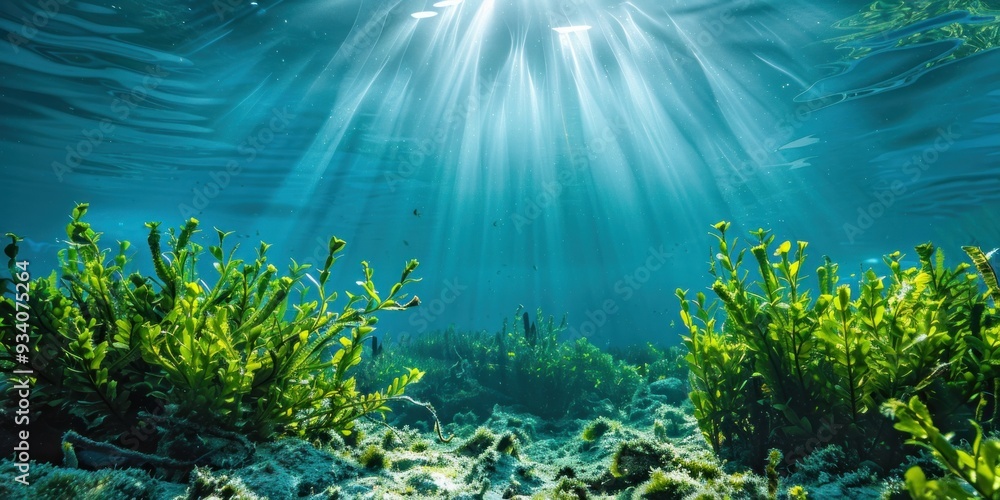 Fototapeta premium An ecosystem of underwater plants captures carbon emissions. Ocean ecosystems and carbon sequestration The concept of carbon storage in the ocean underwater plant life