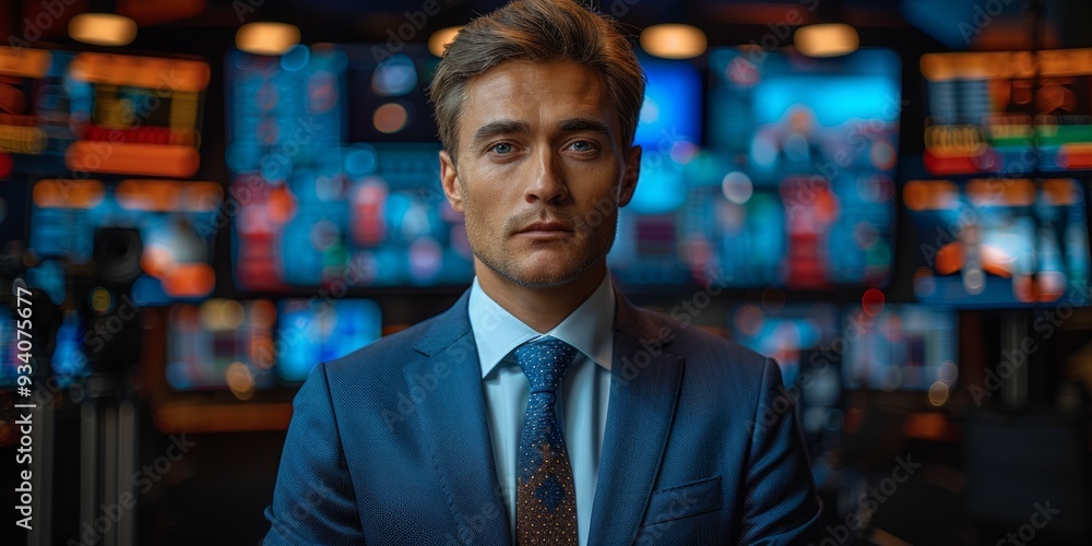 Fototapeta premium Confident Man in a Suit Against a Wall of Screens
