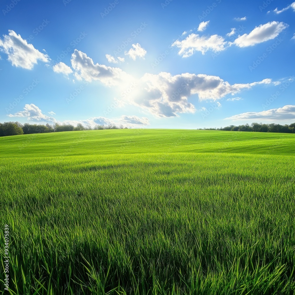 A vibrant green field stretching under a bright, sunlit sky with fluffy white clouds. A vibrant green field stretching under a bright, sunlit sky with fluffy white clouds.