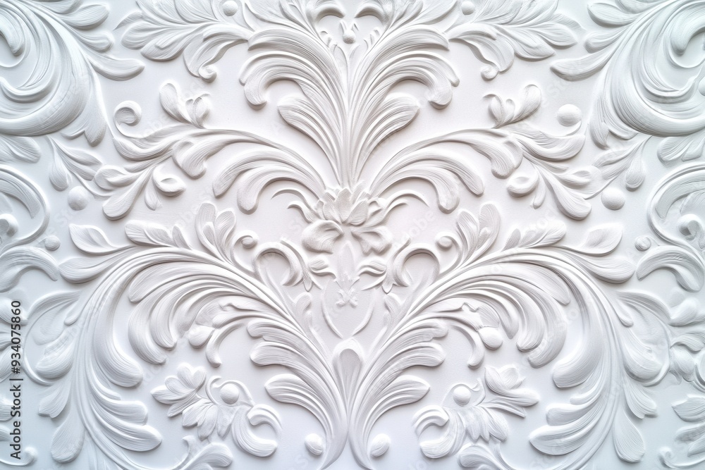 Intricate and elegant white plaster floral pattern with delicate details, evoking a classical and timeless atmosphere. Intricate and elegant white plaster floral pattern with delicate details, evoking a classical and timeless atmosphere.