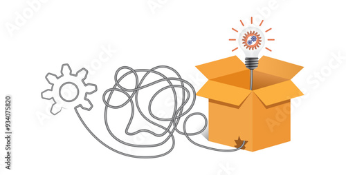 Thinking outside the box concept vector with 3d box, light bulb, knot wire. Business concept design to use for idea, time management, brainstorm, learning, strategy, thinking, inspiration projects.
