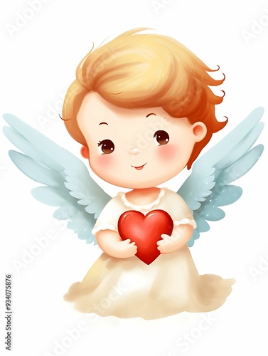 Cute cartoon angel holding a red heart in a whimsical, soft illustration
