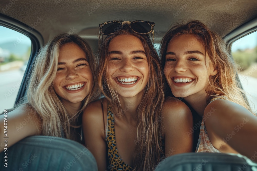 Three female friends enjoying traveling in the car. Sitting in rear seat and and making selfie, Generative AI Three female friends enjoying traveling in the car. Sitting in rear seat and and making selfie, Generative AI