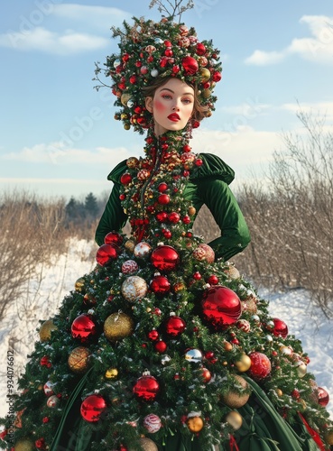 a woman is wearing a long green dress with red, green and golden Christmas baubles decoration She is posing in the snow