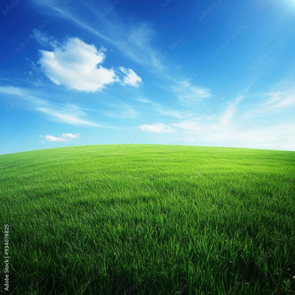 Vibrant green field under a bright blue sky with scattered clouds, depicting a serene and sunny atmosphere.