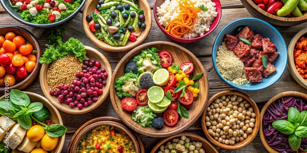 Top View of Colorful Bowls with Diverse Ingredients, Salad, Grains, and Vegetables , vegetarian , food , healthy Top View of Colorful Bowls with Diverse Ingredients, Salad, Grains, and Vegetables , vegetarian , food , healthy