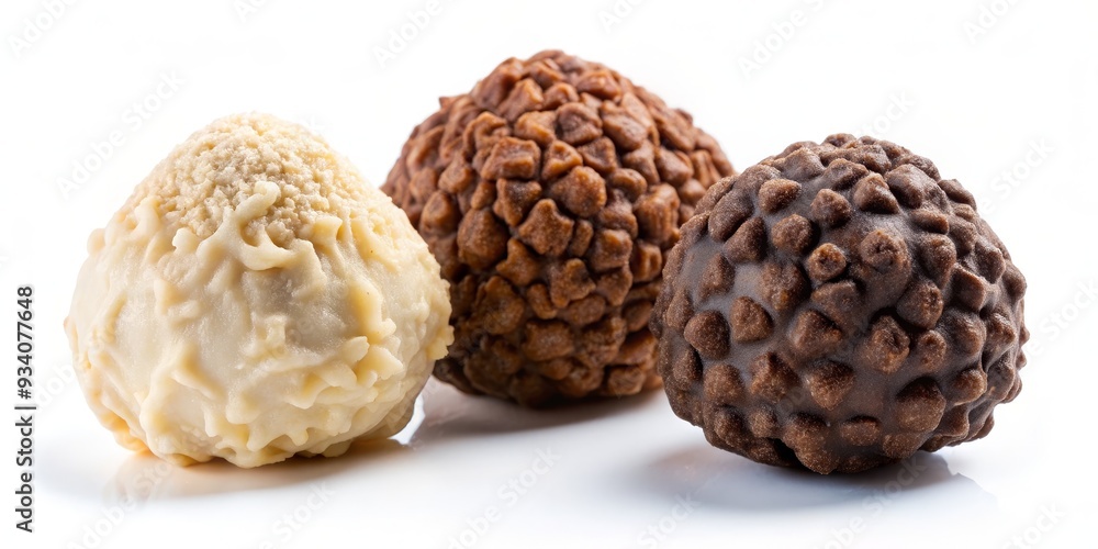 Three Chocolate Truffles with White, Milk, and Dark Chocolate Coatings, close-up, white background, confectionery, delicious Three Chocolate Truffles with White, Milk, and Dark Chocolate Coatings, close-up, white background, confectionery, delicious