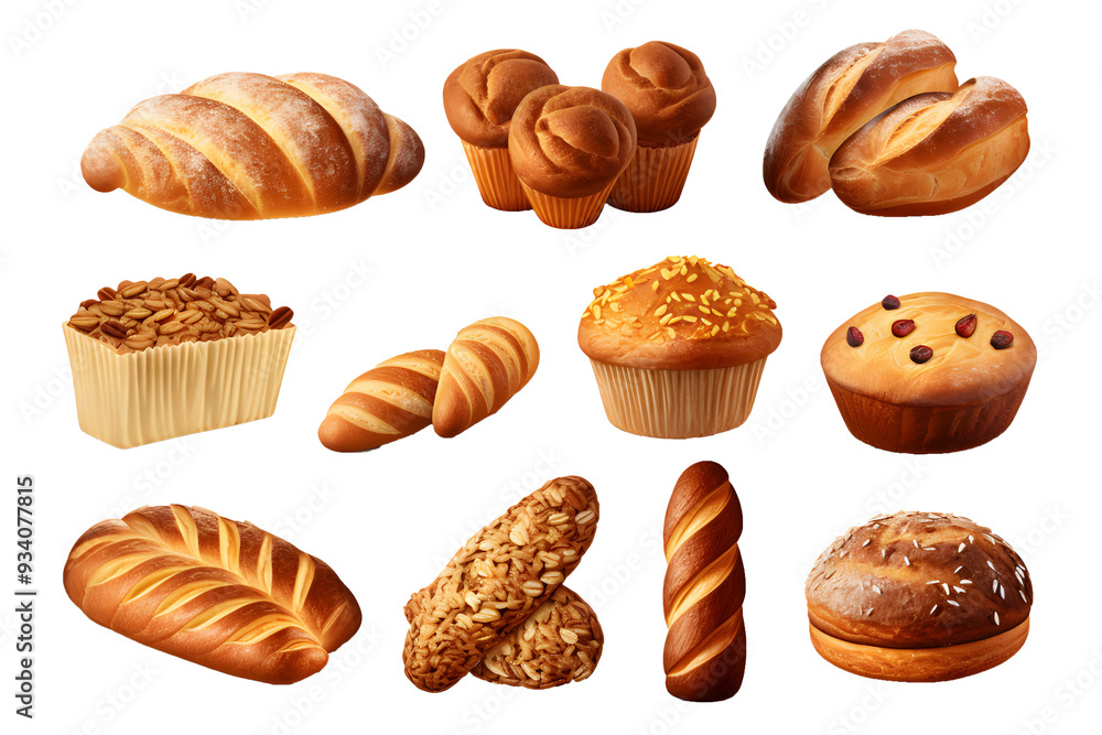 Set of various sweet breads Slices and bakery or pastries, isolated cartoon vector set of bakery products translucent background Set of various sweet breads Slices and bakery or pastries, isolated cartoon vector set of bakery products translucent background
