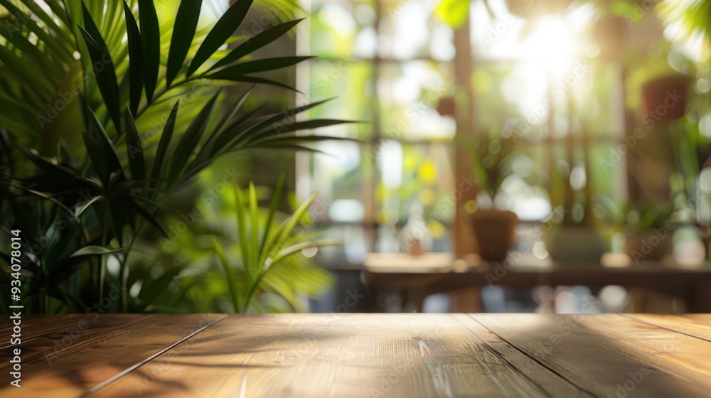 Wooden Table with Blurry Background of Plants and Sunlight Wooden Table with Blurry Background of Plants and Sunlight
