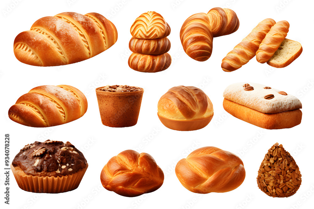 Set of various sweet breads Slices and bakery or pastries, isolated cartoon vector set of bakery products translucent background Set of various sweet breads Slices and bakery or pastries, isolated cartoon vector set of bakery products translucent background