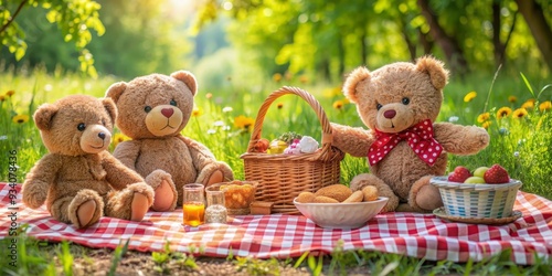 Teddy Bear Picnic in the Park Three cuddly teddy bears enjoying a sunny afternoon picnic with a checkered blanket, basket, snacks, and drinks. , picnic , teddy bear , summer