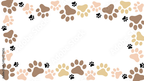 Animals Footprint Border Frame. Copy space background with pet foot. Animal or pet theme seamless pattern backdrop.