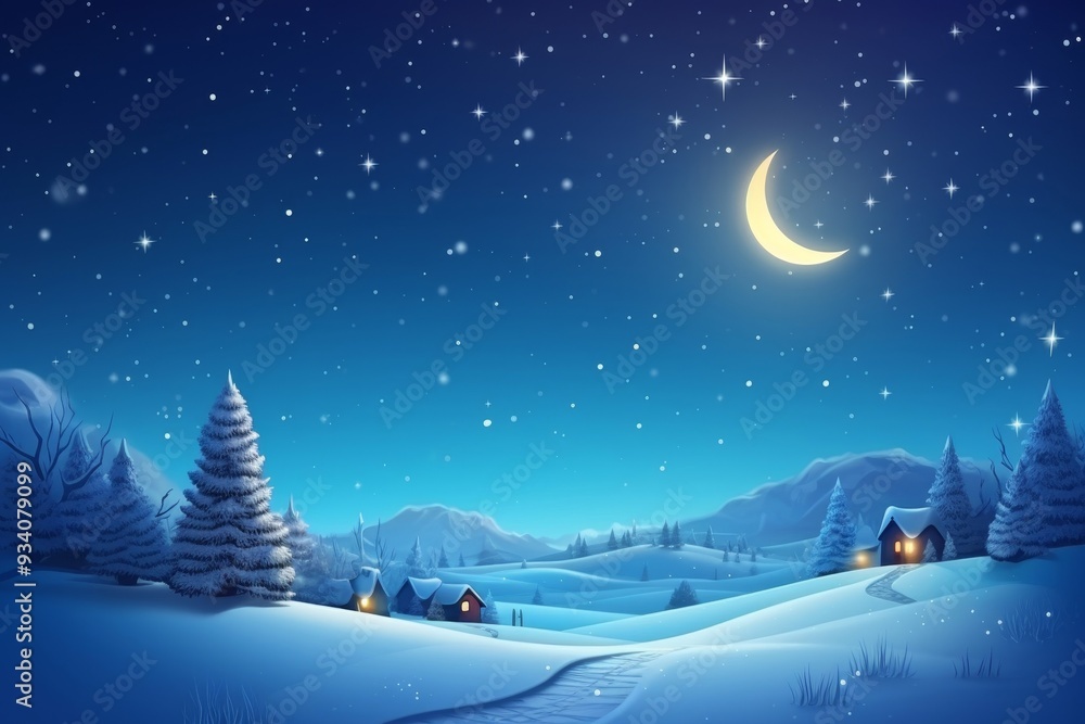 Naklejka premium Winter Wonderland: Snow Covered Landscape Under a Starry Night