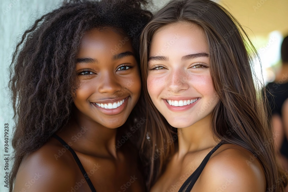 Image of brunette multinational girls smiling together at camera, Generative AI Image of brunette multinational girls smiling together at camera, Generative AI