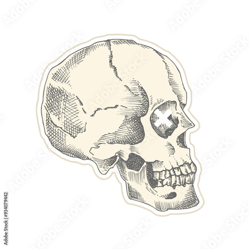 Vintage sticker human skull with white crosses. Art collage Zine Culture style. Hipster barber shop concept. Tattoo, t-shirt design Realistic hand drawn sketch. Skeleton head Vector illustration.