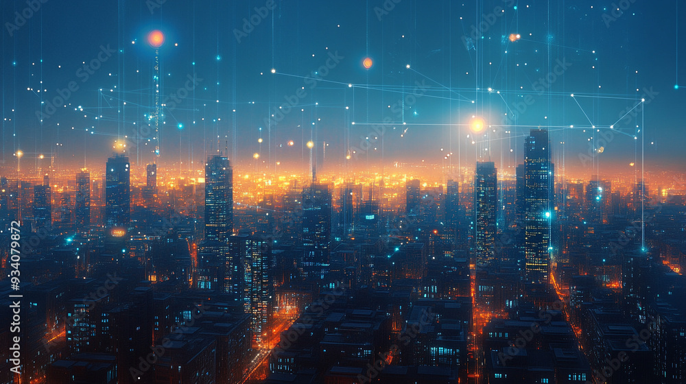 Obraz premium Modern city with wireless network connection concept.