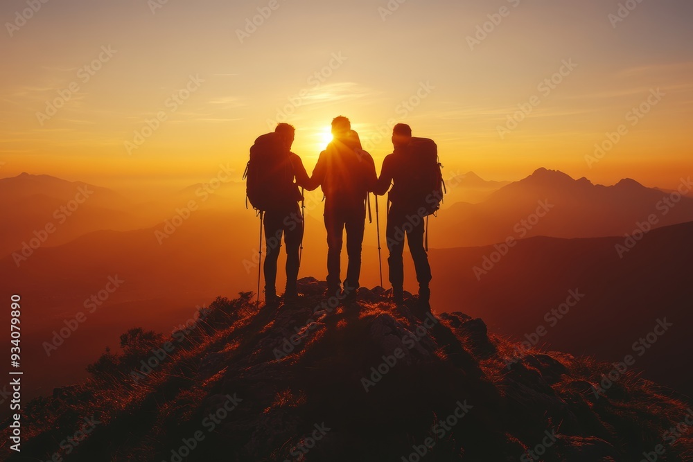Obraz premium Caucasian friends hiking on top of mountain at sunset silhouette hugging each other, Generative AI