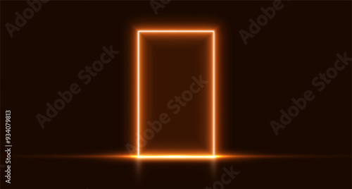 Neon door, orange glowing portal, futuristic arch, magic gate background. Vector illustration.