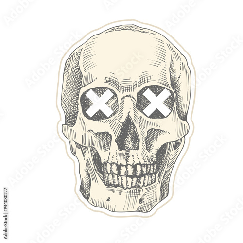 Vintage sticker human skull with white crosses. Art collage Zine Culture style. Hipster barber shop concept. Tattoo, t-shirt design Realistic hand drawn sketch. Skeleton head Vector illustration.