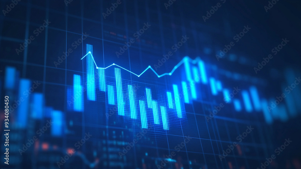 Widescreen Abstract financial graph with uptrend line arrow and bar chart of stock market on blue color background. Widescreen Abstract financial graph with uptrend line arrow and bar chart of stock market on blue color background.