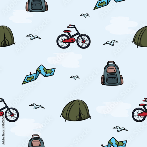 Bright seamless pattern for wrapping paper with travel attributes, bicycle, backpack, tent, map. Vector background with repeating elements. Illustration related to, camping, hiking, vacation, travel