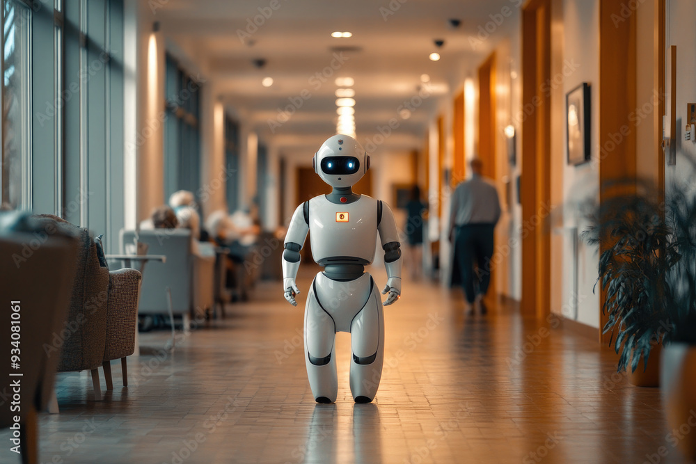 A white humanoid robot walks down a hospital corridor, showcasing the future of healthcare with innovative technologies. A white humanoid robot walks down a hospital corridor, showcasing the future of healthcare with innovative technologies.