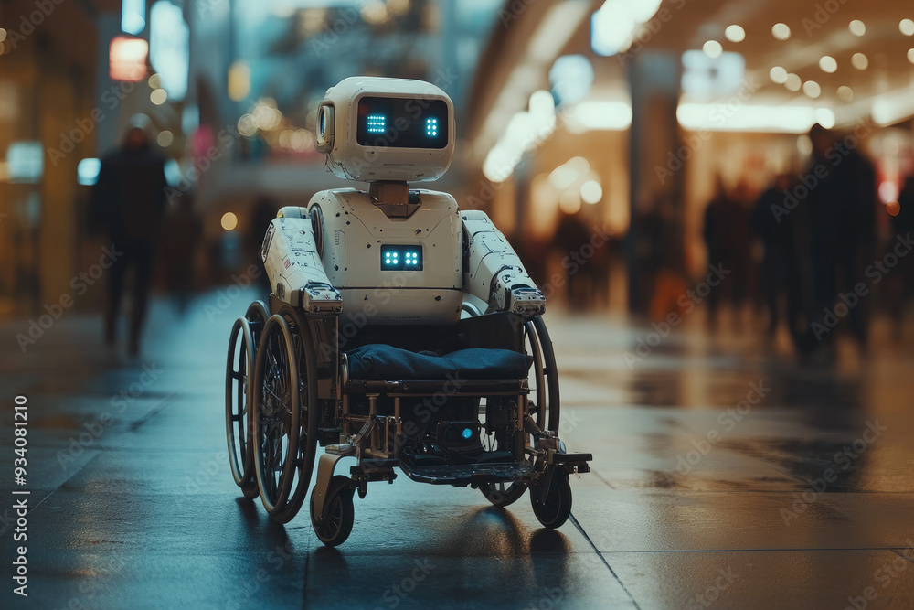 A white humanoid robot in a wheelchair rides along an evening city street after rain. A white humanoid robot in a wheelchair rides along an evening city street after rain.