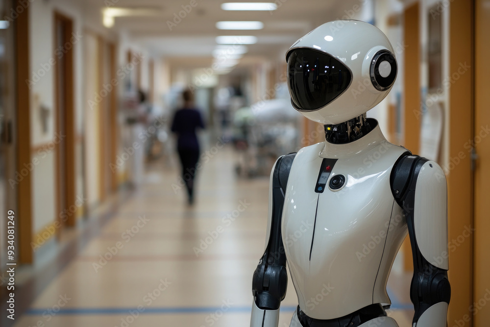 A white humanoid robot walks down a hospital corridor, showcasing the future of healthcare with innovative technologies. A white humanoid robot walks down a hospital corridor, showcasing the future of healthcare with innovative technologies.